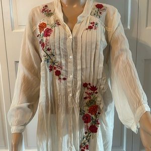 Johnny Was Women’s Large Ivory Tunic Embroidered Flowers Boho-Chic